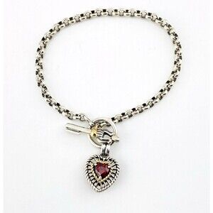 Ross Simmons Puffy Heart Key Charm Bracelet Sterling Silver 14k Gold Garnet 7.5"